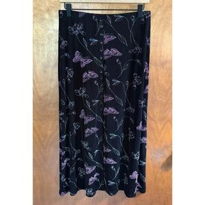 VINTAGE Black Butterfly Floral Button Up Midi Skirt Slinky Y2K 90s Fairy Goth M